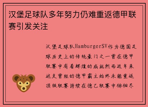 汉堡足球队多年努力仍难重返德甲联赛引发关注 汉堡足球队多年努力仍难重返德甲联赛引发关注